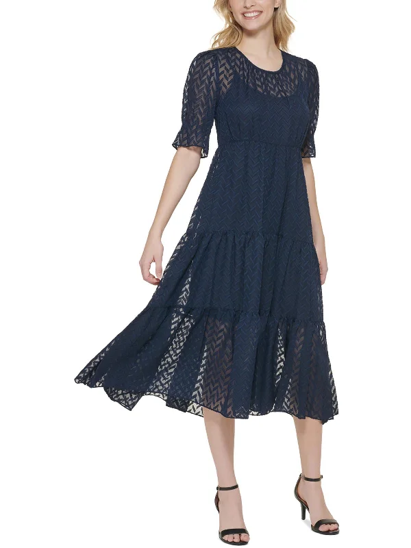 Womens Tiered Elbow Sleeves Midi Dress