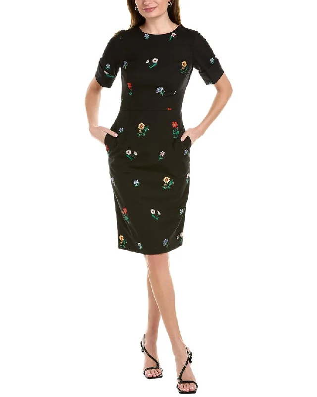 Oscar de la Renta Embroidered Silk-Lined Wool-Blend Sheath Dress