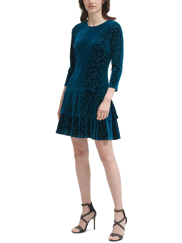 Womens Velvet Ruffled Cocktail and Party Dress