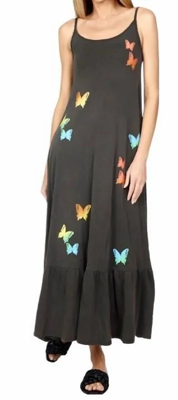 Beatrix Maxi Ruffle Rainbow Butterflies Dress in Vintage Black/ Multi