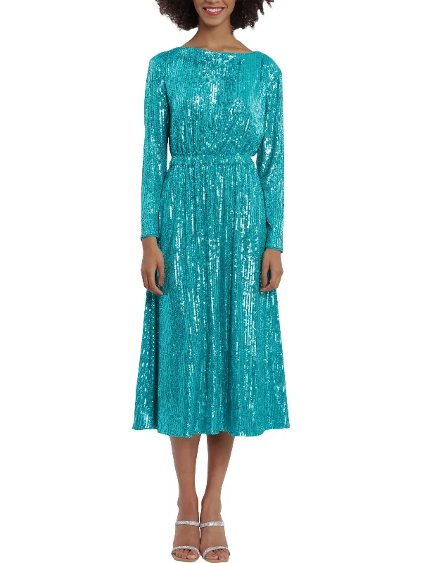 Womens Sequined Tea Length Shift Dress