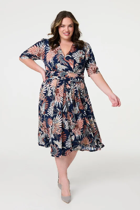 Tropical Print 1/2 Sleeve Midi Wrap Dress