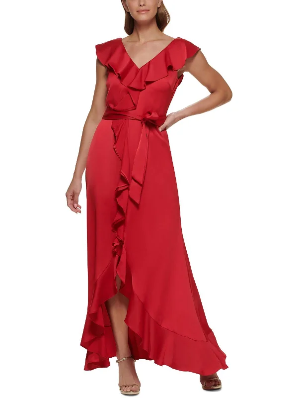 Womens Ruffled V-Neck Evening Dress