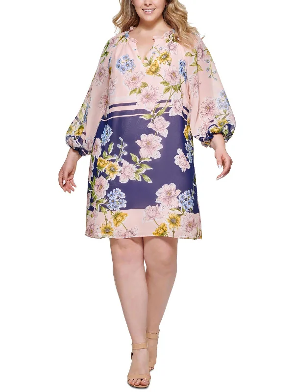 Plus Womens Floral Printed Knee-Length Shift Dress