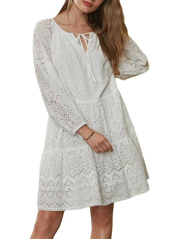 Womens Cotton Eyelet Midi Dress