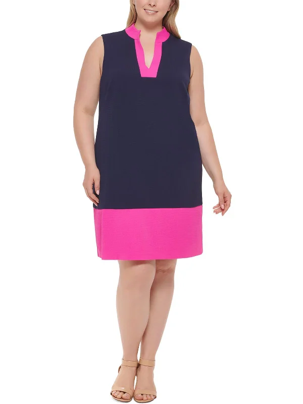 Plus Womens Colorblock V-Neck Wear to Work Dress