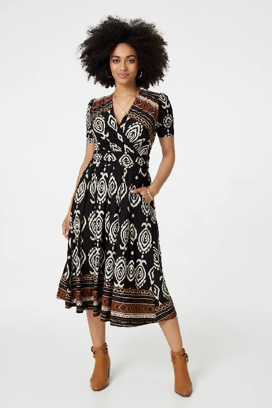 Printed 1/2 Sleeve Pleated Wrap Dress