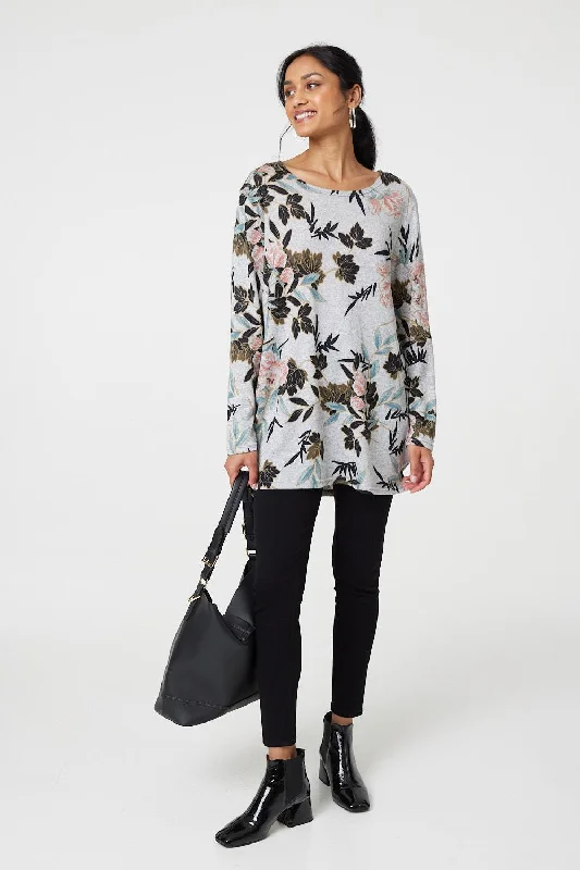 Floral Wide Neck Relaxed Long Sleeve Top