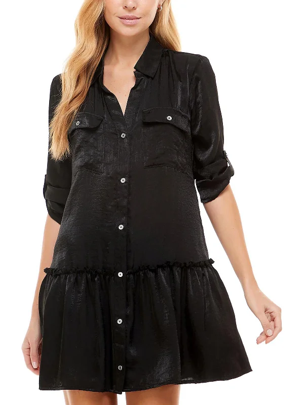 Juniors Womens Shimmer Above Knee Shirtdress