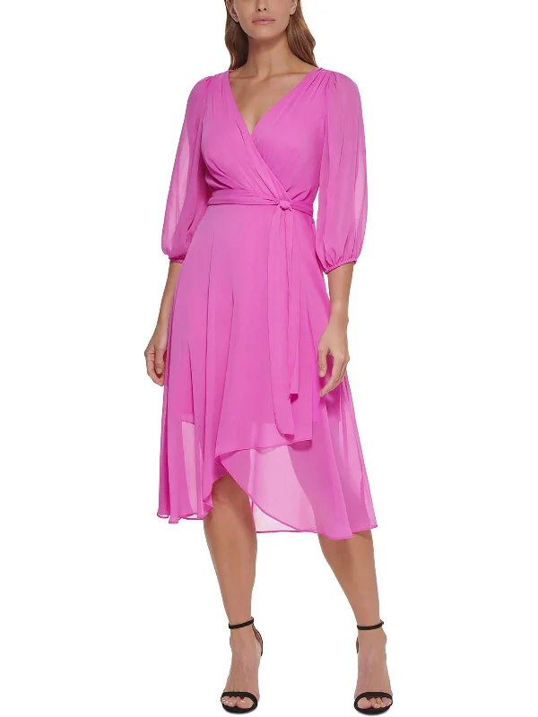 Womens Chiffon Faux-Wrap Wear to Work Dress