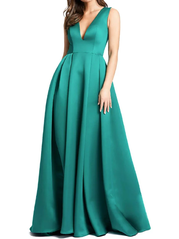 Womens Pleated V-Neck Evening Dress