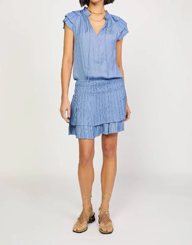 Pleated Patterned Short Sleeve Dress in Dusty Blue Dot