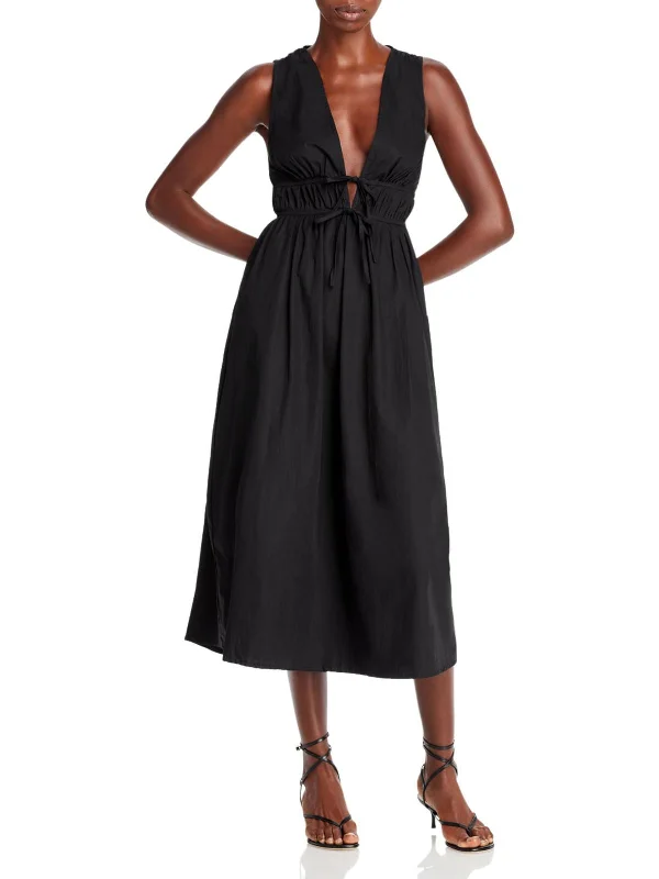 Andressa Womens Ruched V-Neck Midi Dress