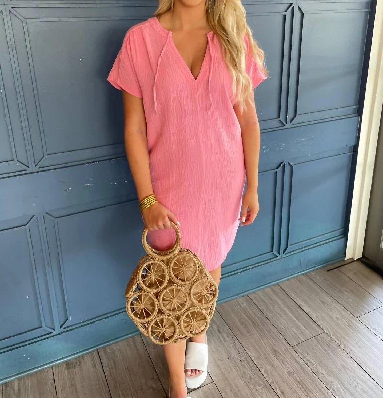 Split Neck Dress in Pink Sand