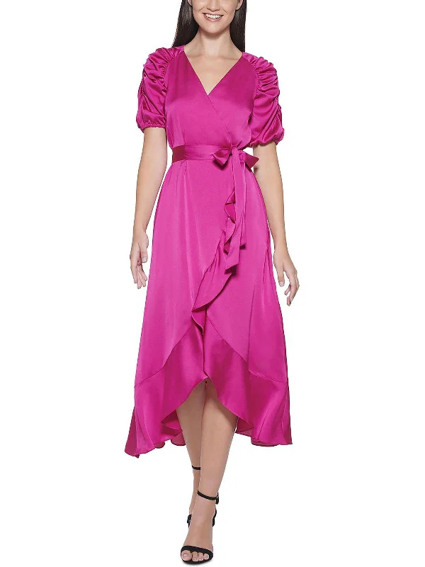 Womens Satin Ruffled Wrap Dress