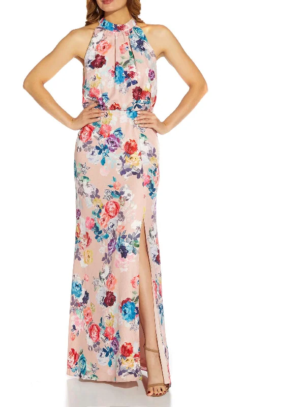 Womens Satin Floral Evening Dress