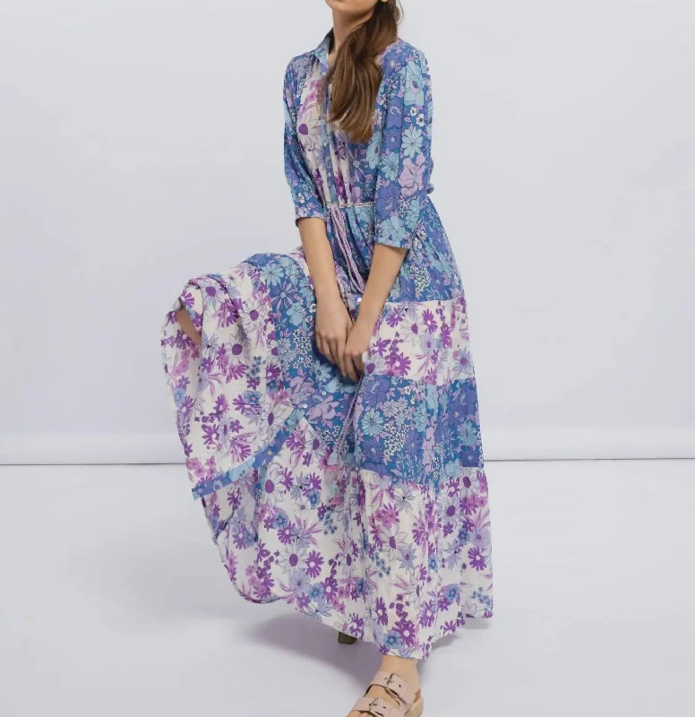 Adjustable Waist Maxi Shirt Dress in Blue/Lilac