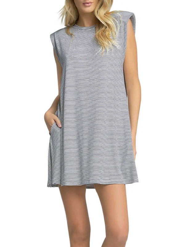 Womens Shoulder Pad Striped T-Shirt Dress