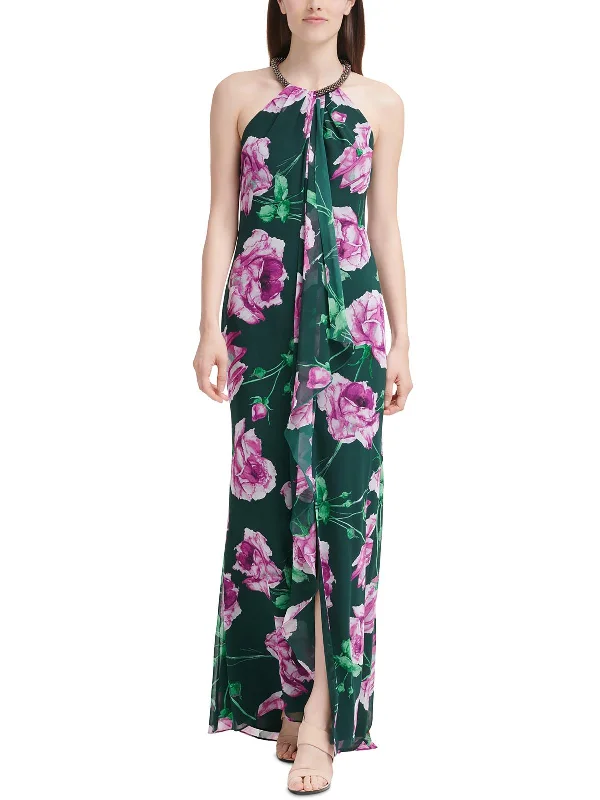 Womens Floral Print Cascade Evening Dress