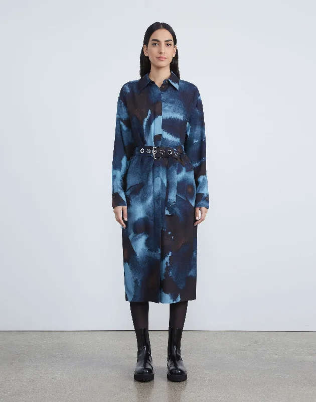 Livia Shirt Dress In Inkdrop Print Italian Wool-Silk