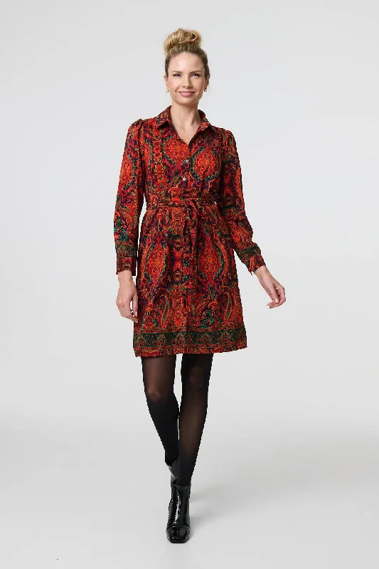 Mosaic Print Long Sleeve Short Shirt Dress