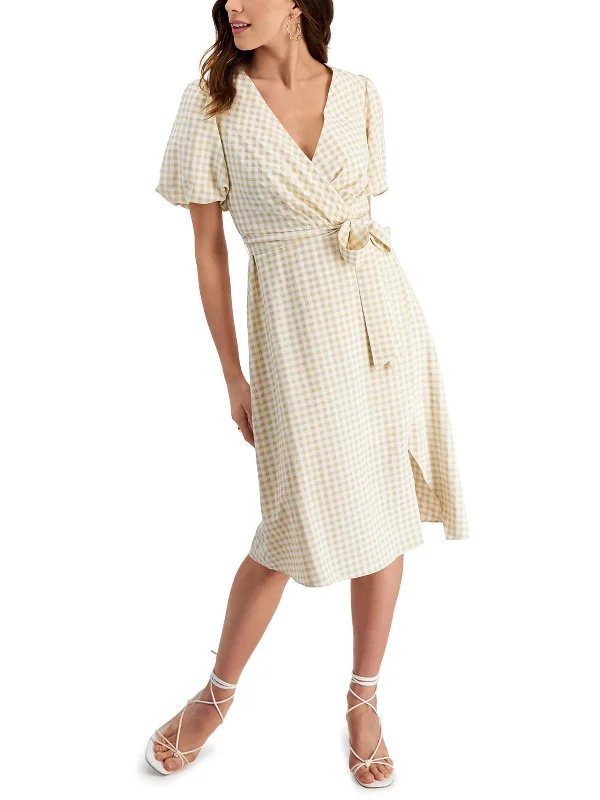 Womens Gingham Faux Wrap Midi Dress