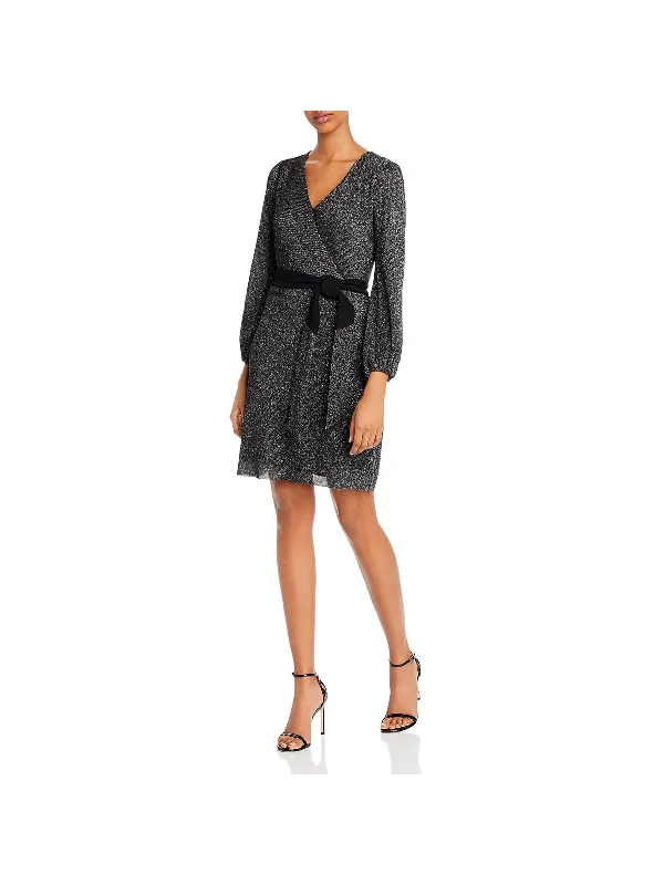 Womens Metallic Faux Wrap Cocktail Dress