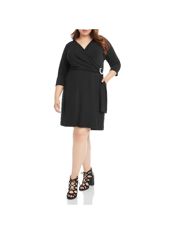 Plus Womens Faux Wrap V Neck Cocktail Dress