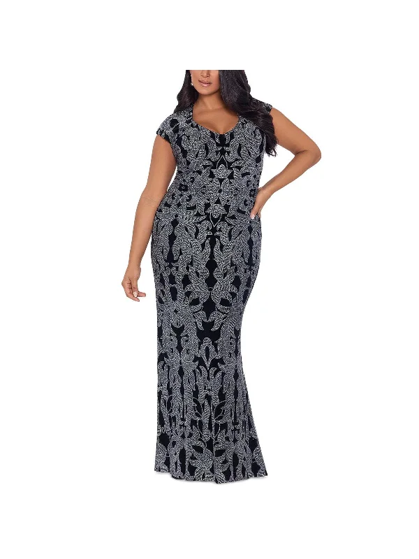 Plus Womens Glitter Cap Sleeve Evening Dress