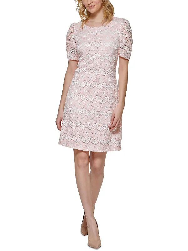 Womens Lace Puff Sleeves Shift Dress