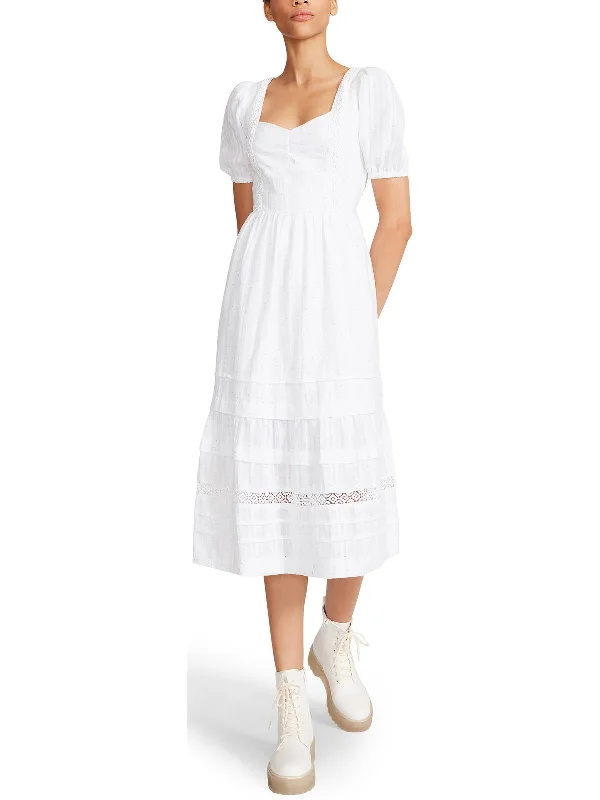 Womens Cotton Puff Sleeves Midi Dress