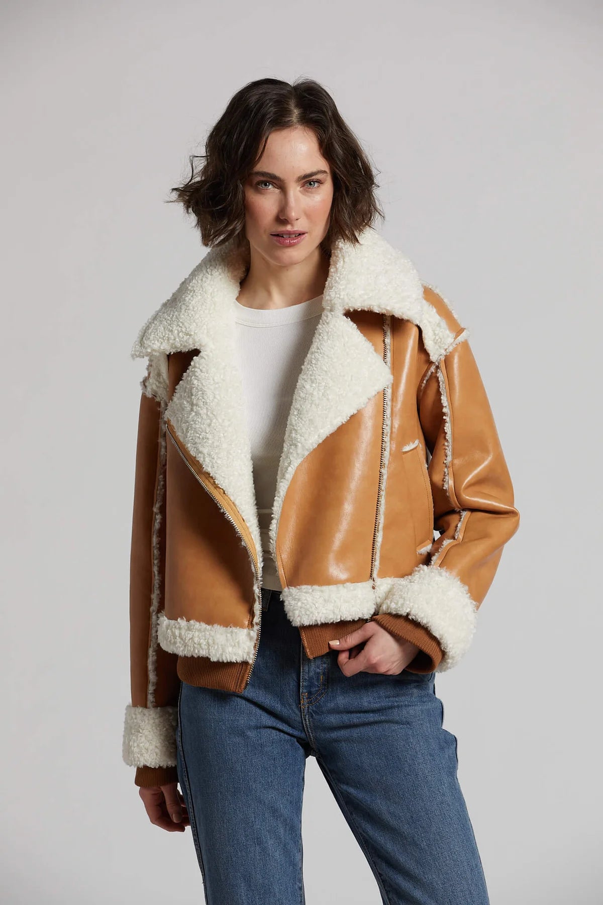 Clayton Faux Shearling Moto Jacket - Camel