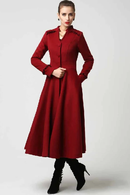 Womens Long Red Wool Blend Coat with Ruffle Detailing 1104#