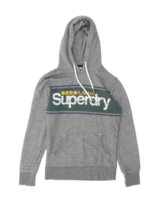 SUPERDRY Womens Graphic Hoodie Jumper UK 10 Small Grey Colourblock Cotton