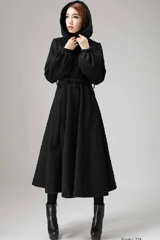 Black wool coat - womens swing coat with tie belt waist long sleeve winter coat 724#