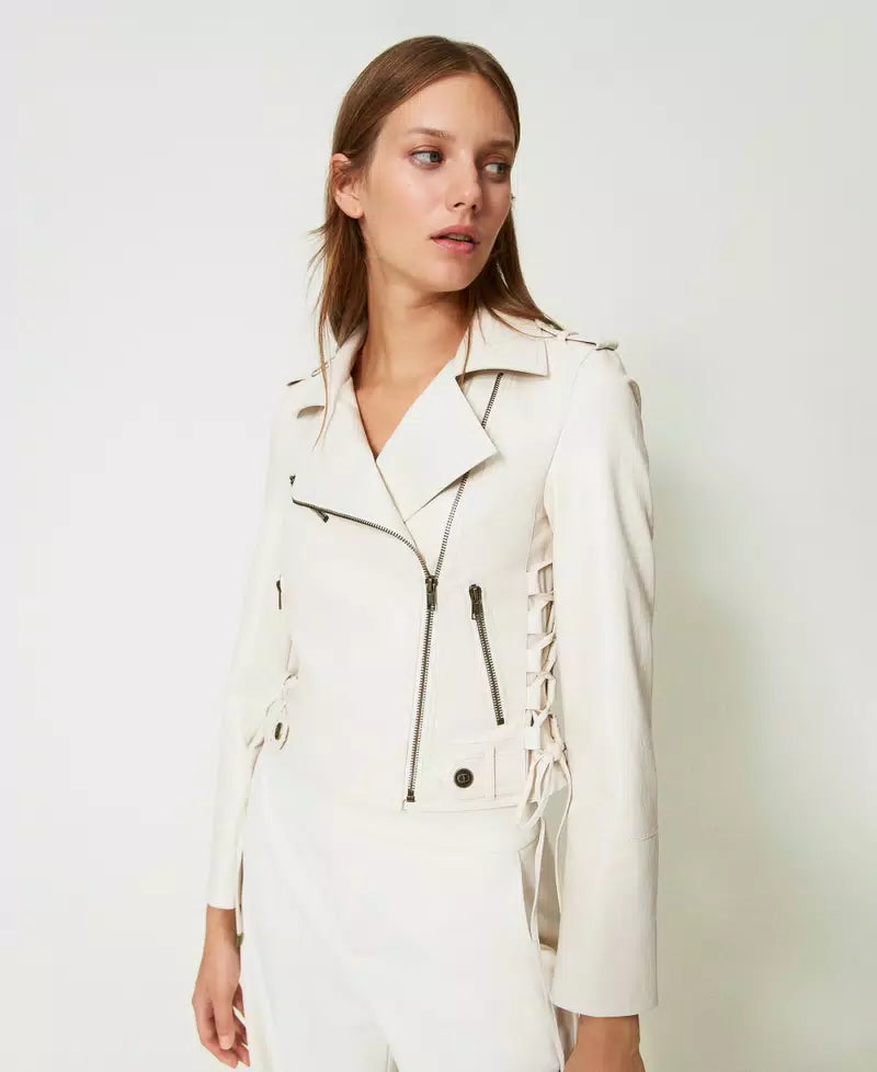 Leather-Like Biker Jacket - White Snow