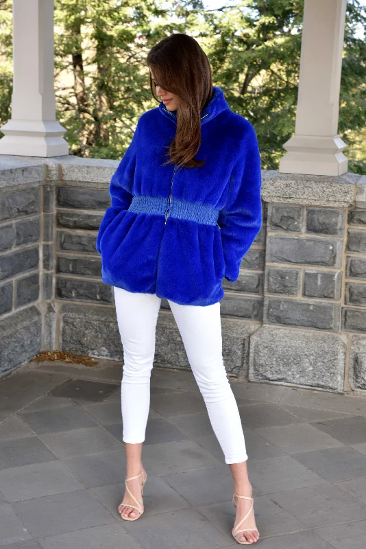 Plush Faux Fur Cinched Waist Jacket - Electric Blue