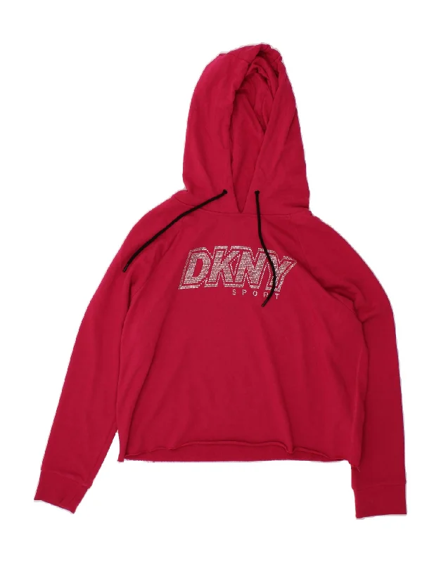 DKNY Womens Oversized Crop Graphic Hoodie Jumper UK 14 Medium Pink Cotton