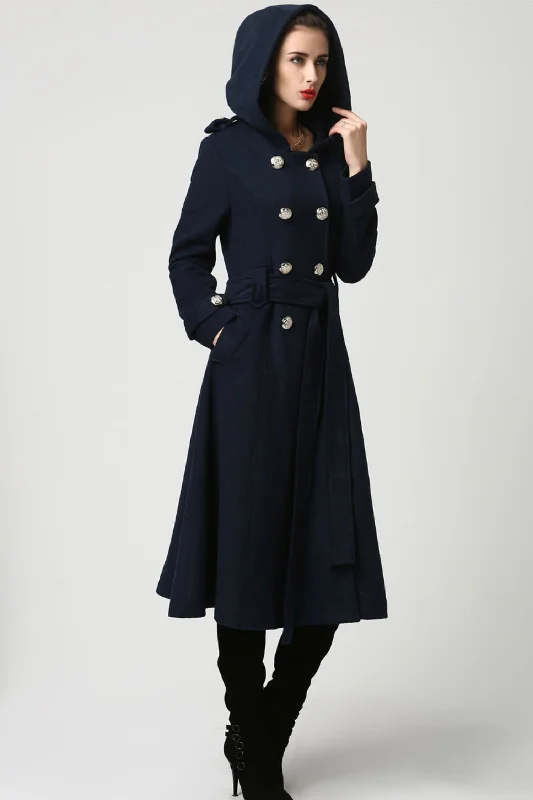 Women's military wool coat with hood  in navy blue 1114#