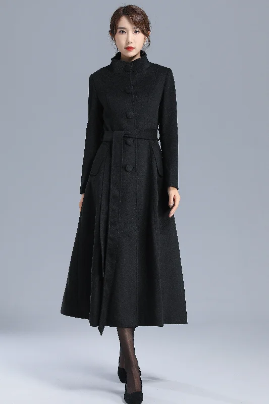 High Neck Black Wool Coat Women 3202