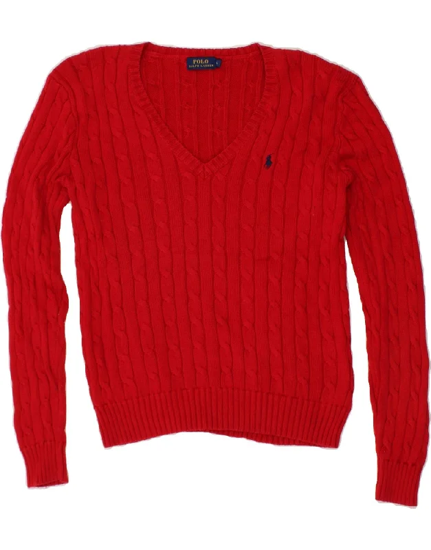 POLO RALPH LAUREN Womens V-Neck Jumper Sweater UK 16 Large Red Cotton