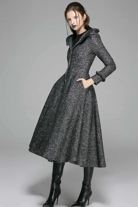 Hooded maxi wool dress coat with ruffle detail 1369#