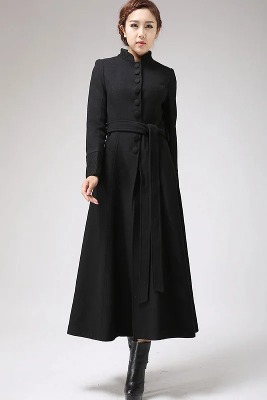 Long Black Dress Coat with Mandarin Collar 0717#