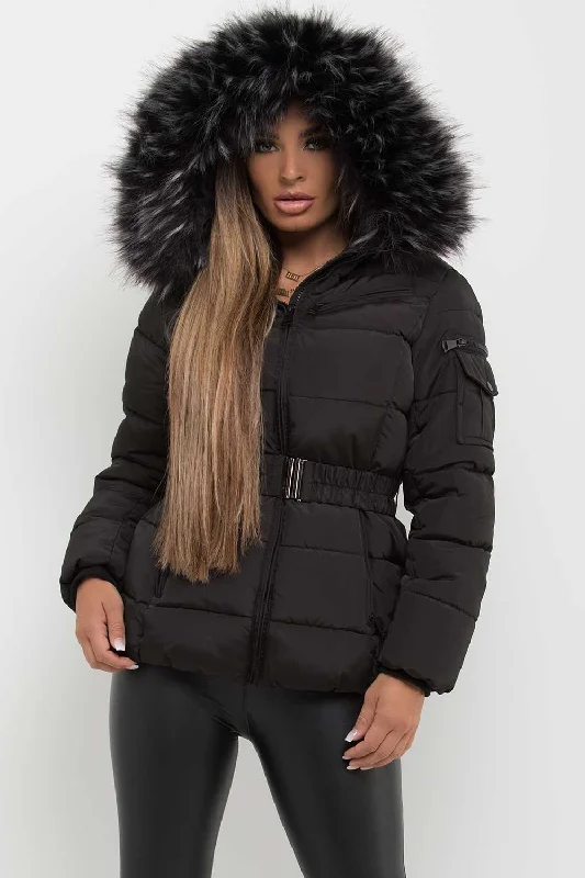 Faux Fur Hooded Jacket With Belt