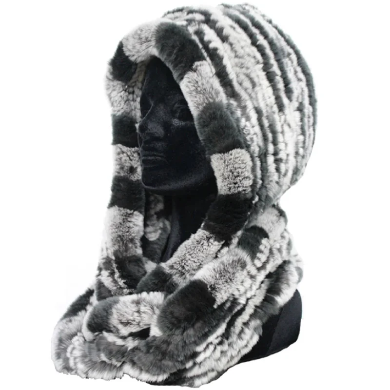 Knitted Rex Rabbit Fur Hat with Attached Fur Grey