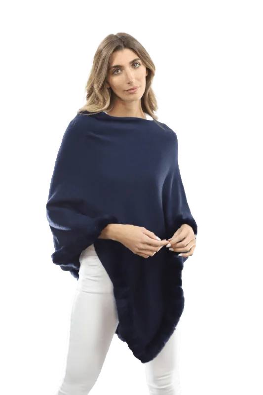 Poncho with Rex Rabbit Trim-Navy