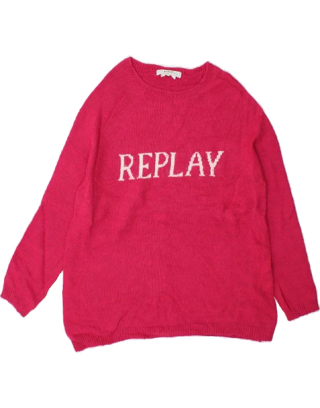 REPLAY Womens Graphic Boat Neck Jumper Sweater UK 14 Medium Pink