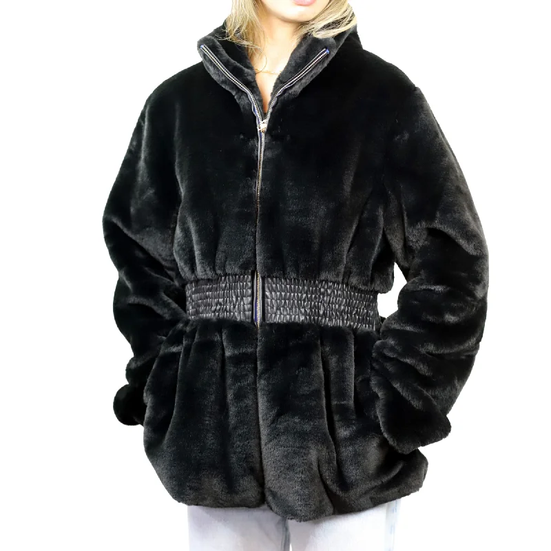 Plush Faux Fur Cinched Waist Jacket - Black