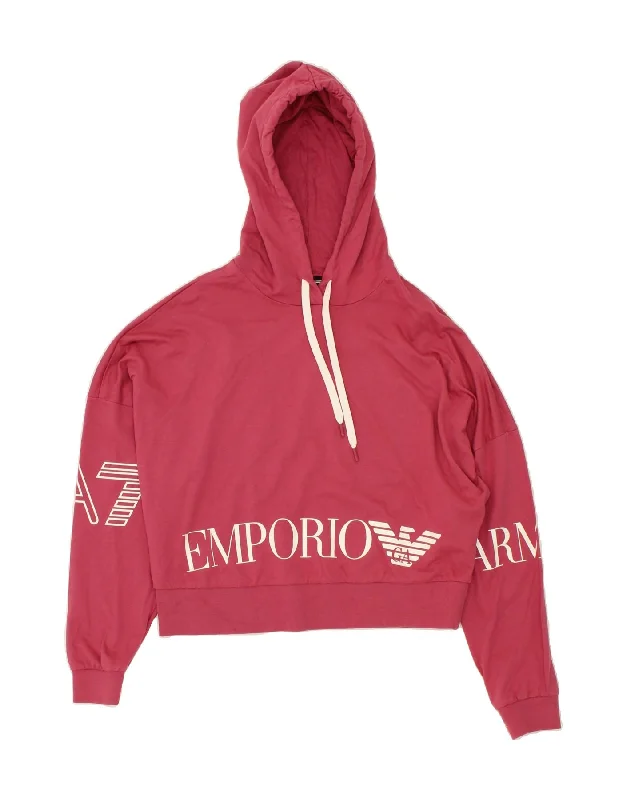 EMPORIO ARMANI Womens Crop Graphic Hoodie Jumper UK 12 Medium Pink