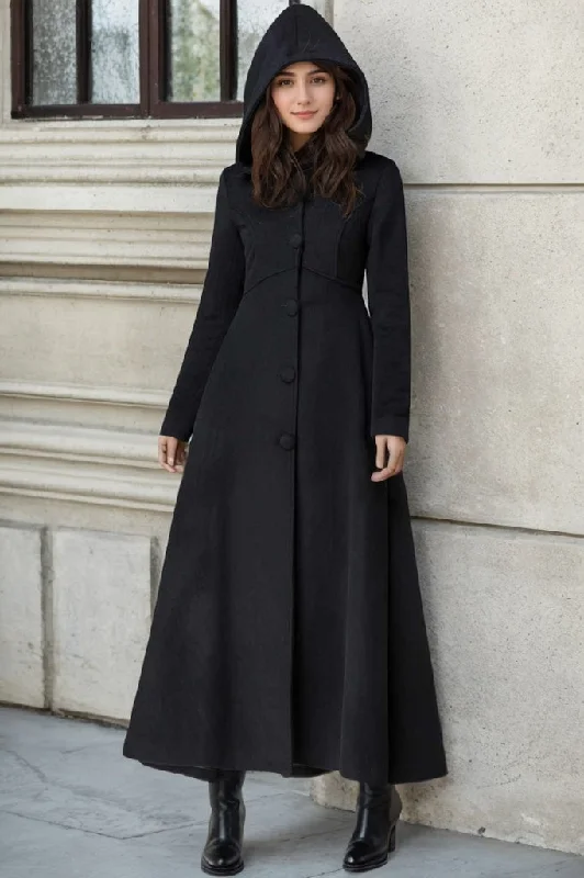 Black hooded maxi coat for winter 1839#